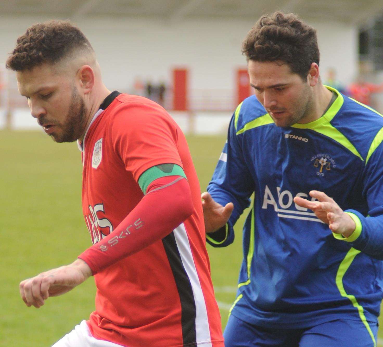 Chatham captain Paul Vines, red, scored the crucial second goal Picture: Steve Crispe