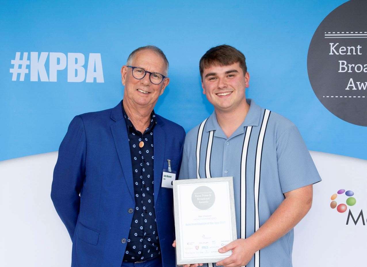 Reporter Max Chesson, right, was highly commended for Investigation of the Year at the ceremony; pictured with judge John Warnett. Picture: Tim Stubbings/Maxim