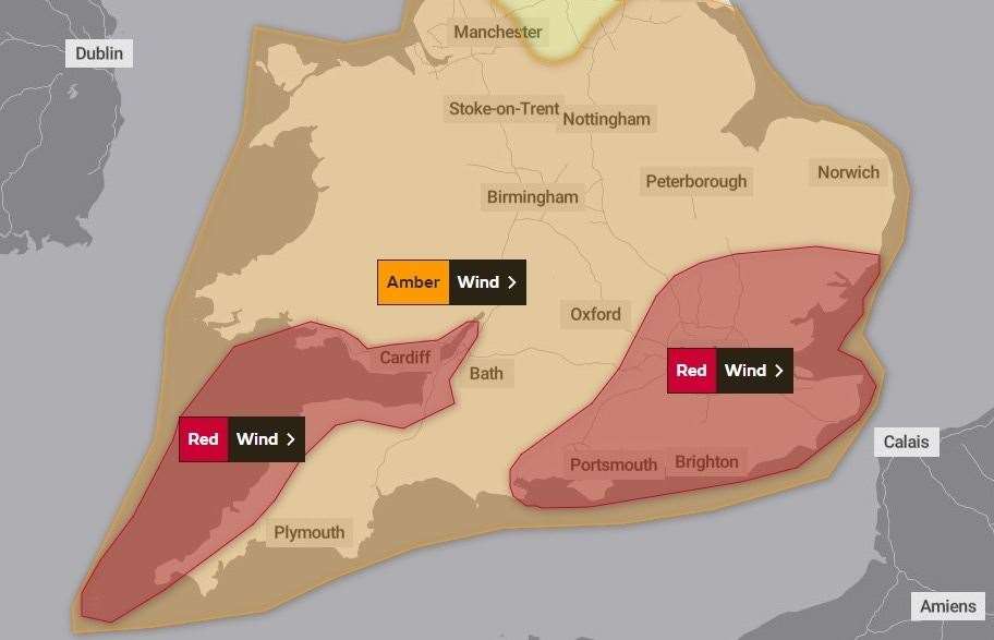 A rare red weather warning will be in force across Kent