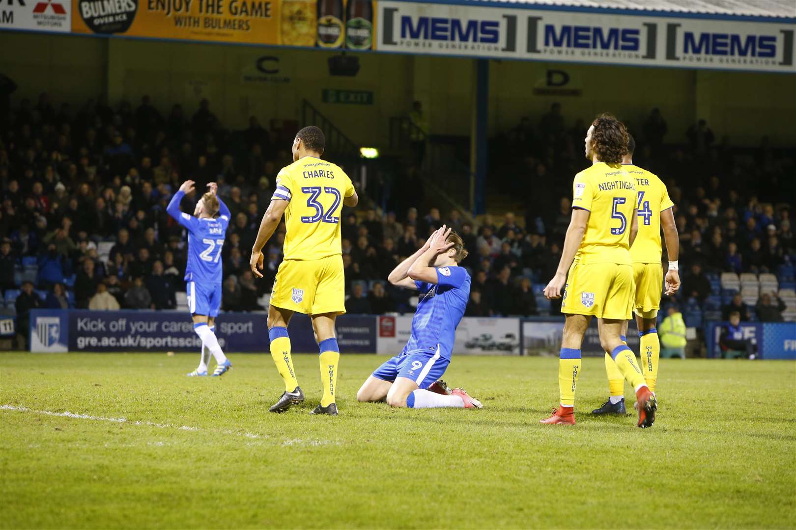 Gillingham forward Tom Eaves rues a missed chance to win the game against Wimbledon last year Picture: Andy Jones
