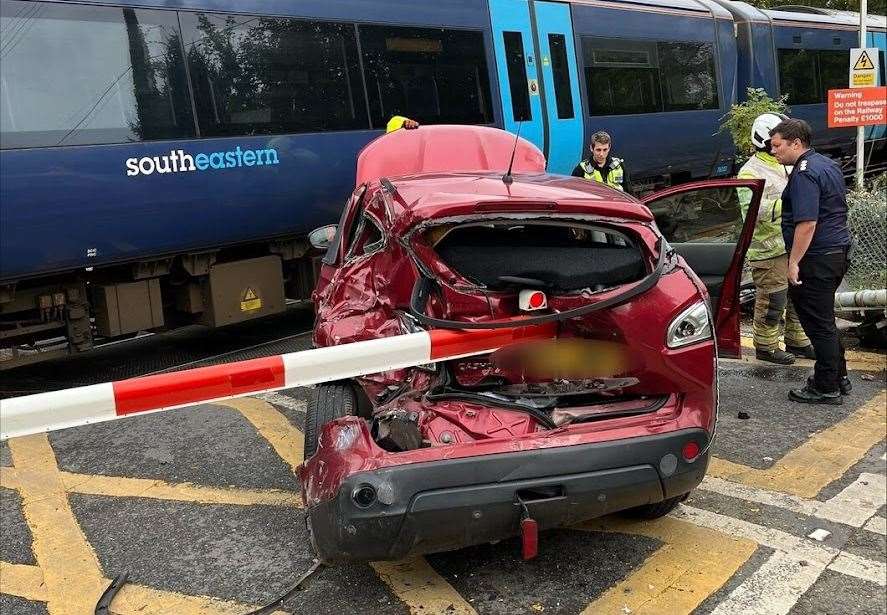 There are said to be no injuries after a train hit a broken-down car at the Grove Ferry level crossing, near Hersden. Picture: Network Rail