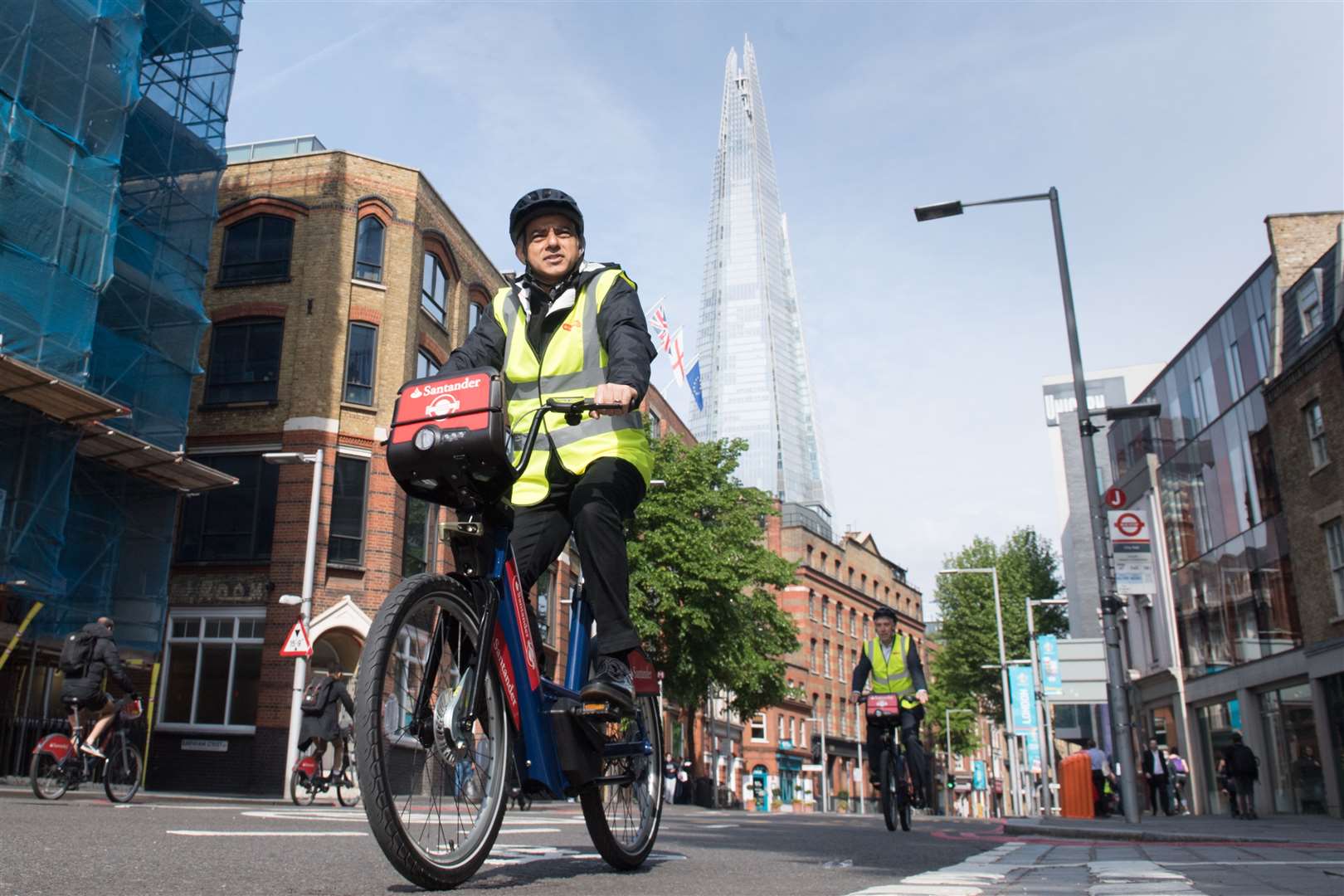 Mayor of London Sadiq Khan rides a legal rental e-bike outside City Hall, London (Stefan Rousseau/PA)