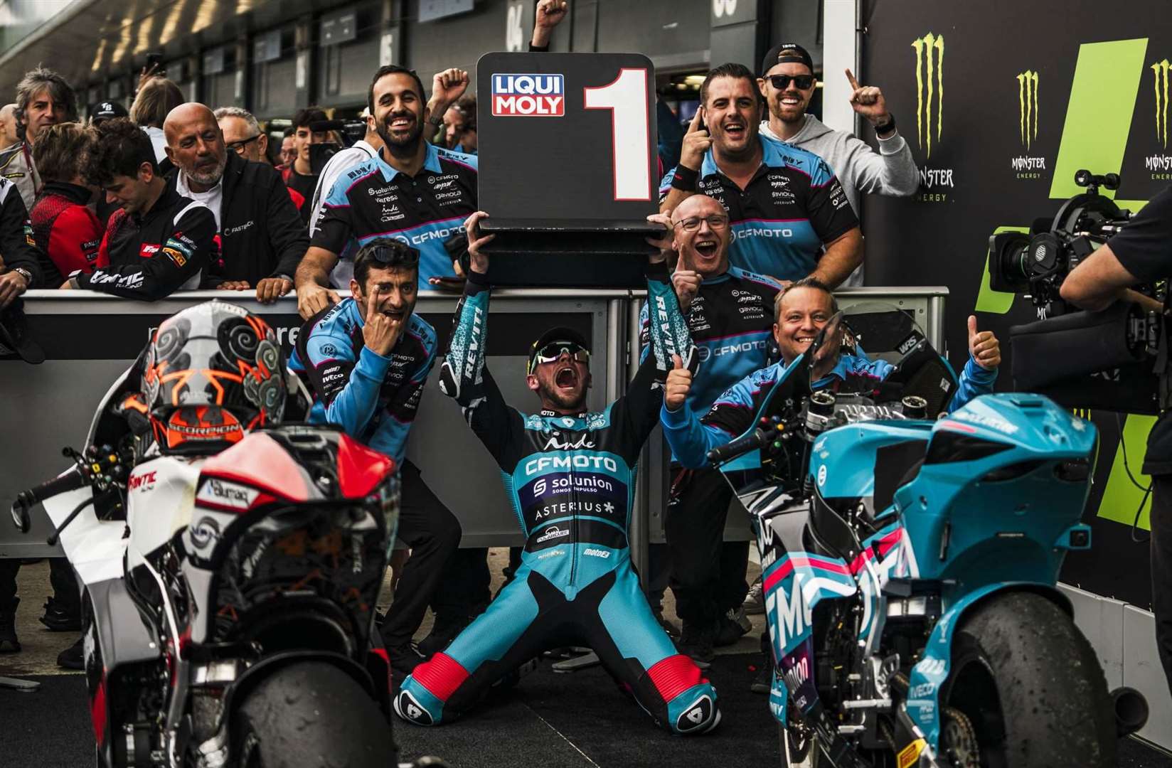 Dover's Jake Dixon celebrates victory in the Moto2 British Grand Prix at Silverstone. Picture: Aspar Team