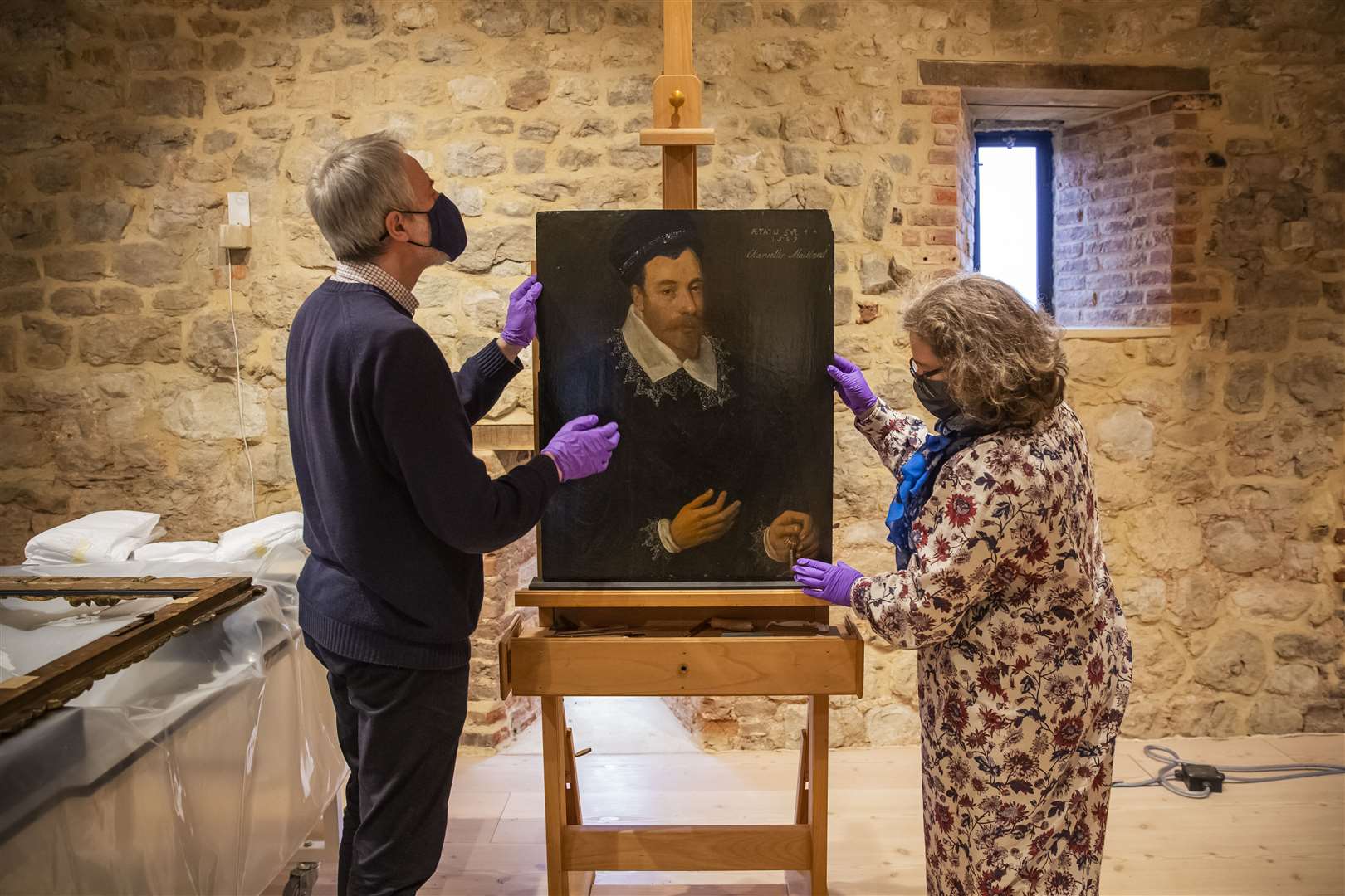 A portrait of Sir John Maitland is being conserved at the studio in Kent (National Trust/James Dobson/PA)