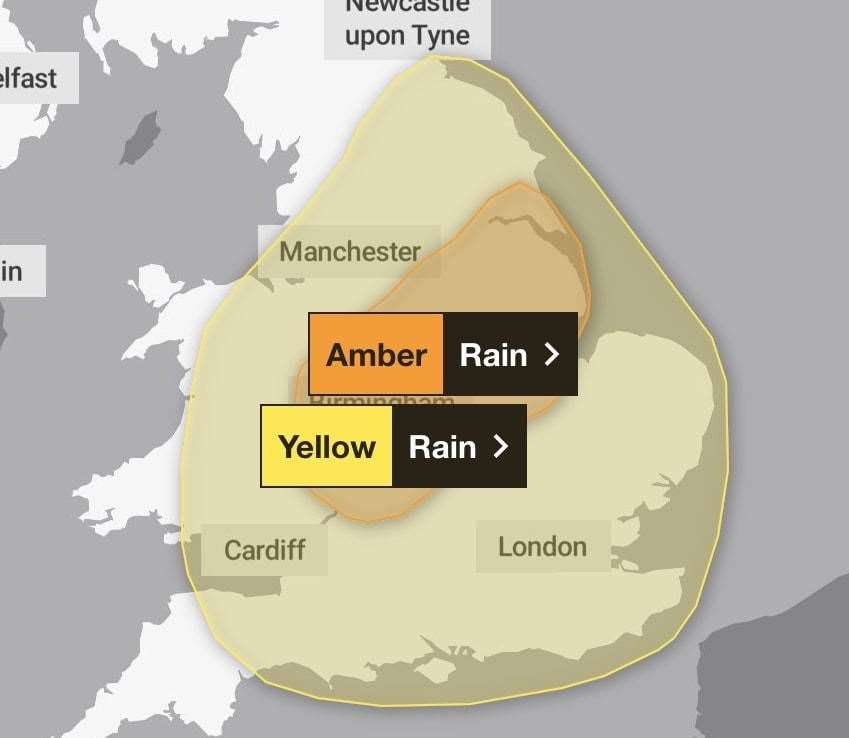 A yellow weather warning is in place for heavy rain across the whole of Kent. Picture: Met Office