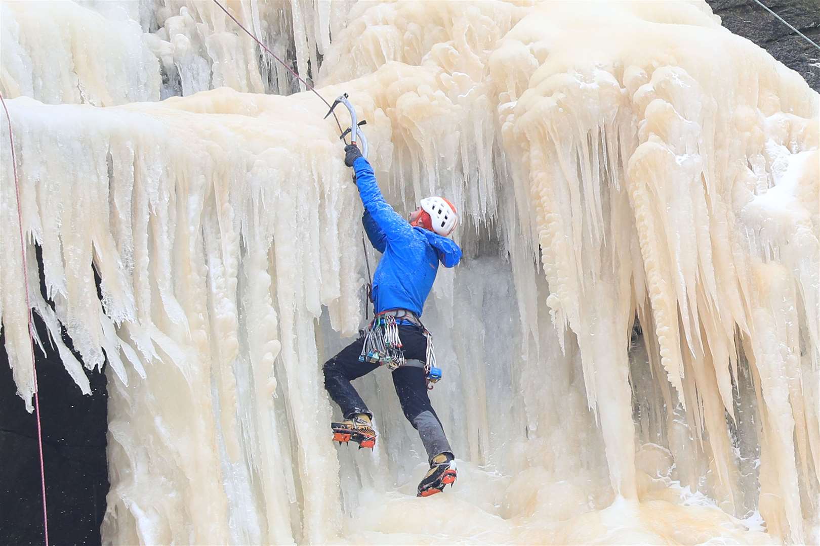 People ice climb on the frozen Kinder Downfall in Derbyshire (Danny Lawson/PA)