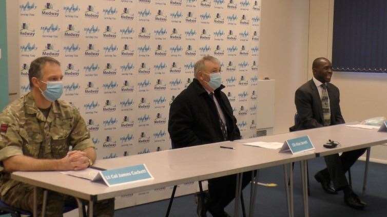 From left: Lt Col James Cackett, commanding officer of the Medway Resilience Unit, leader of Medway Council Cllr Alan Jarrett and Medway Council director of public health James Williams