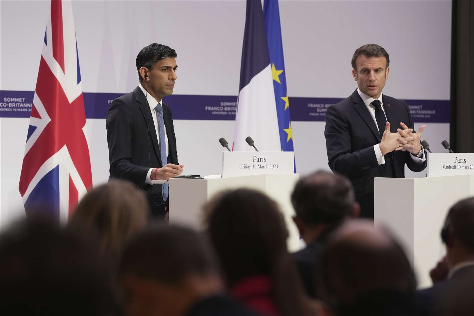 Rishi Sunak and Emmanuel Macron holding a joint press conference at the Elysee Palace (Kin Cheung/PA)