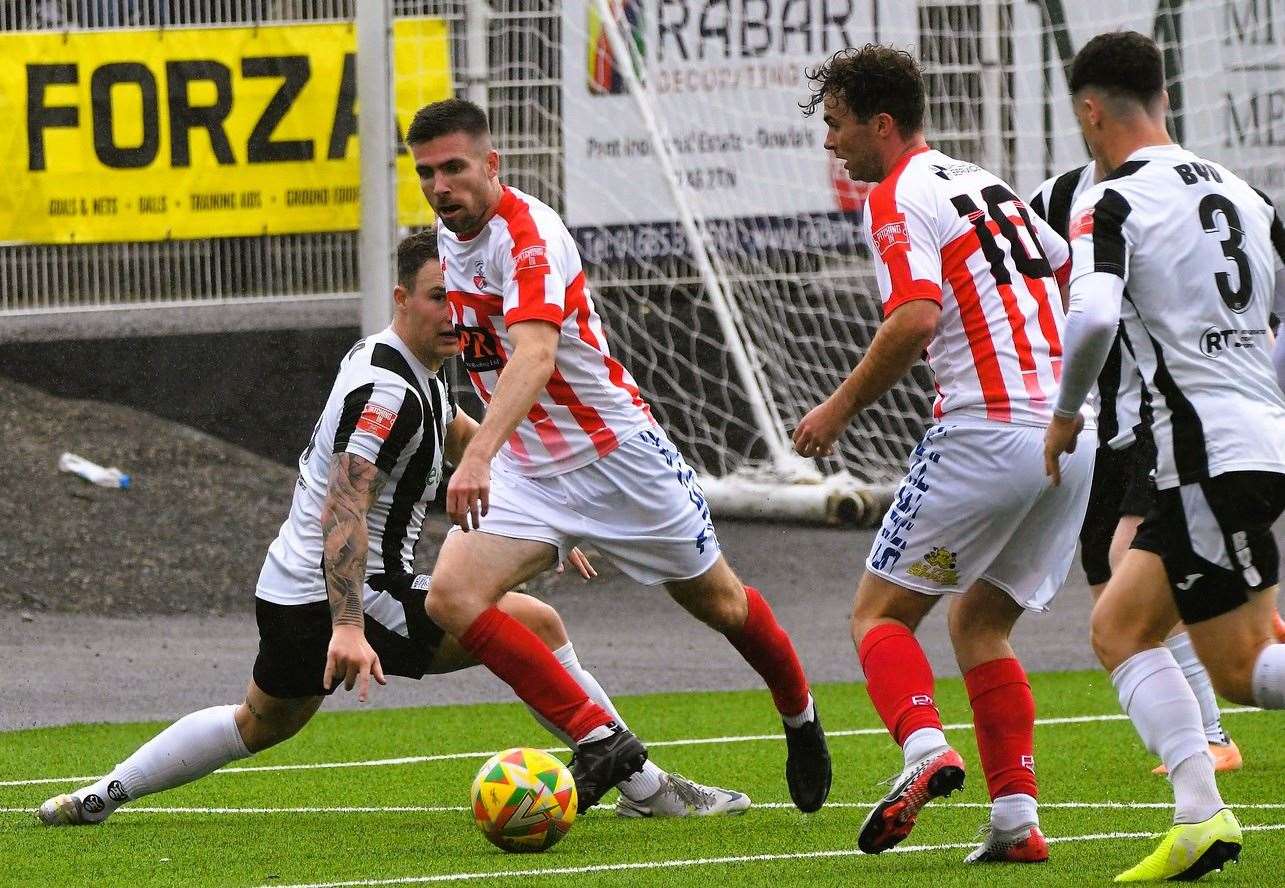 Sheppey winger Danny Leonard makes it 3-1 at Merthyr on Saturday. Picture: Marc Richards