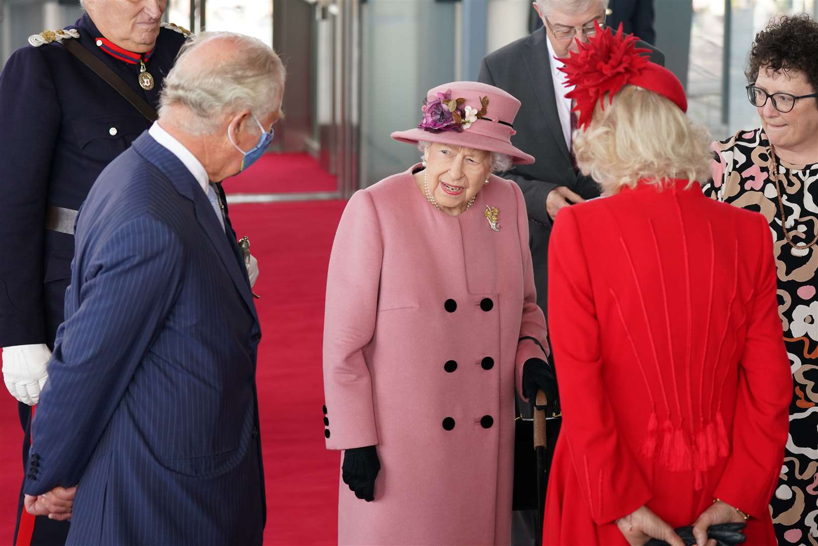 The Prince of Wales and Duchess of Cornwall joined the Queen during her visit to the Welsh Senedd (Jacob King/PA)