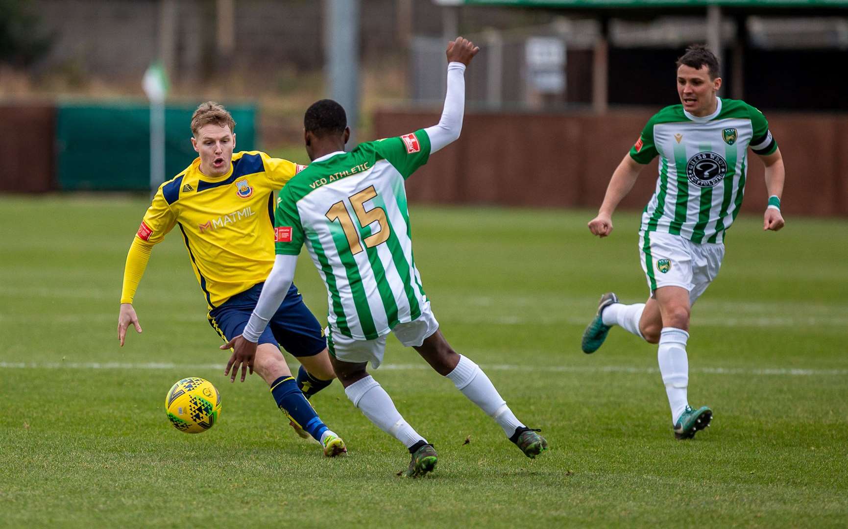 Whitstable's Alex Gaggin takes on VCD's Theo McKenzie. Picture: Les Biggs