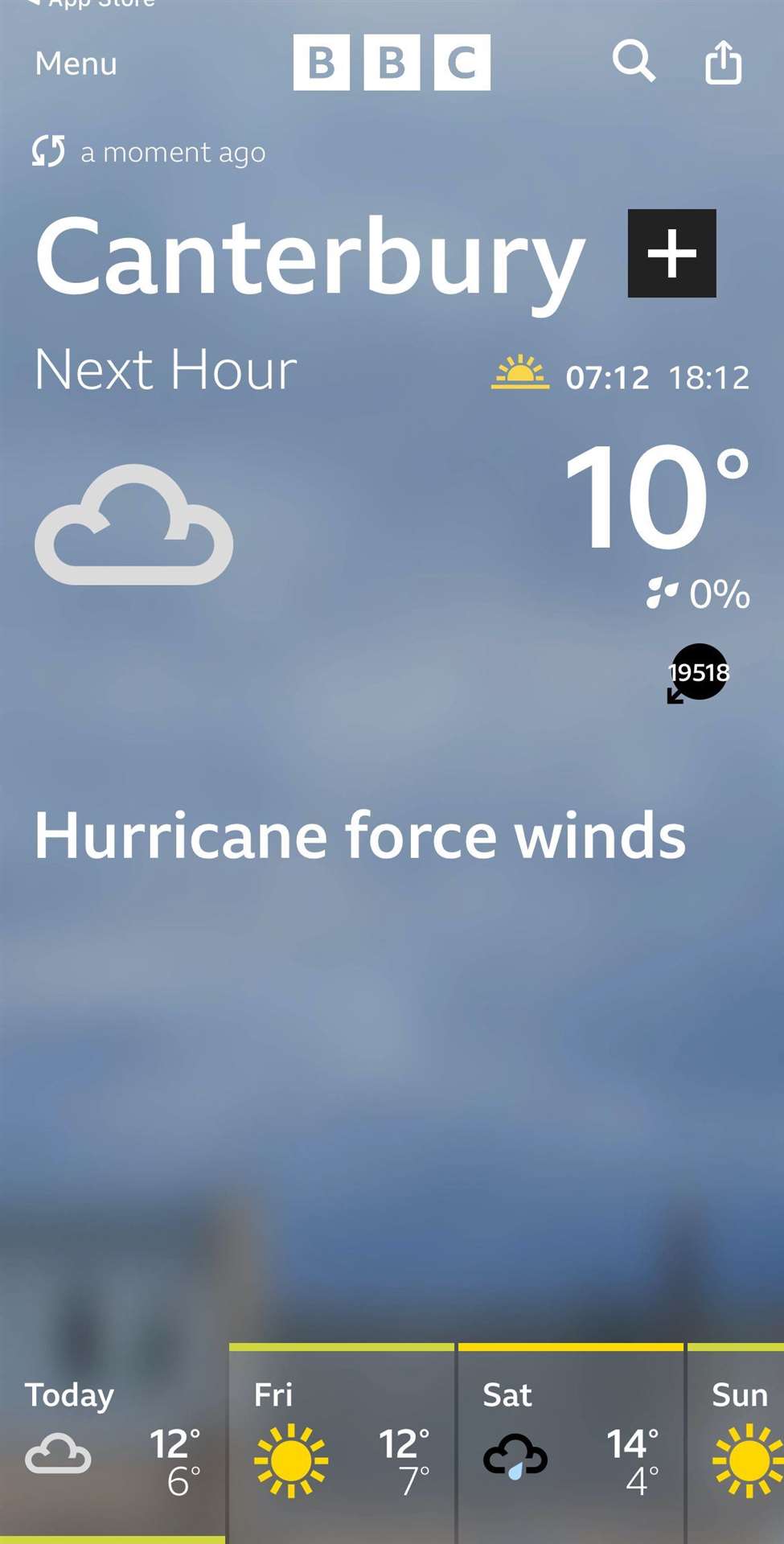 The BBC says it is working to fix a 'glitch' in its weather app after hurricane winds were forecast for Kent. Picture: BBC