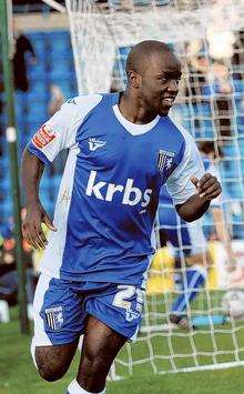 Febian Brandy celebrates scoring for Gillingham against Southend