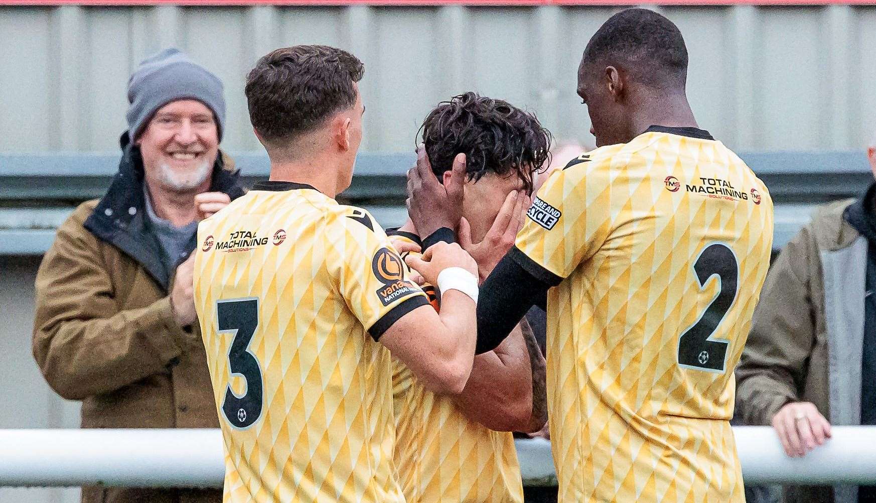 Jon Benton celebrates his goal with Maidstone team-mates Ben Brookes and Temi Eweka in their 1-0 National League South win over Hemel on Saturday. Picture: Helen Cooper