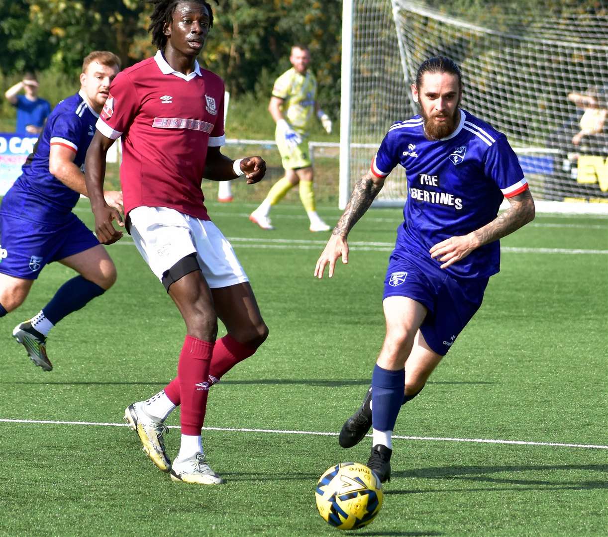 Margate defender Archie Johnson closes down an away player. Picture: Randolph File