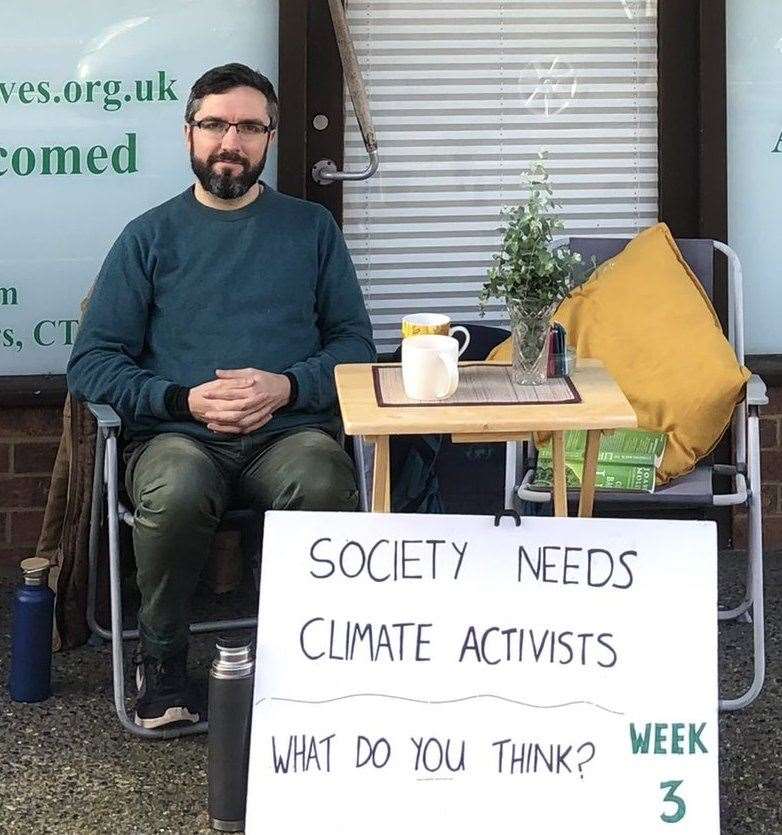 Margate eco-activist Chris Newman outside the Kent MP's office