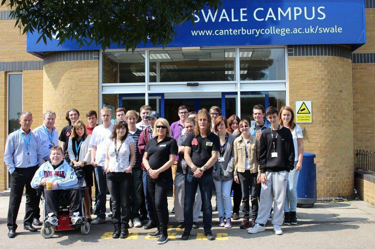 Tutors Clare Baker-Harrison, Matt Stanley and Steve King with Mick Kenten and Julie Nicholls from Sheppey FM and Year 1 and 2 students