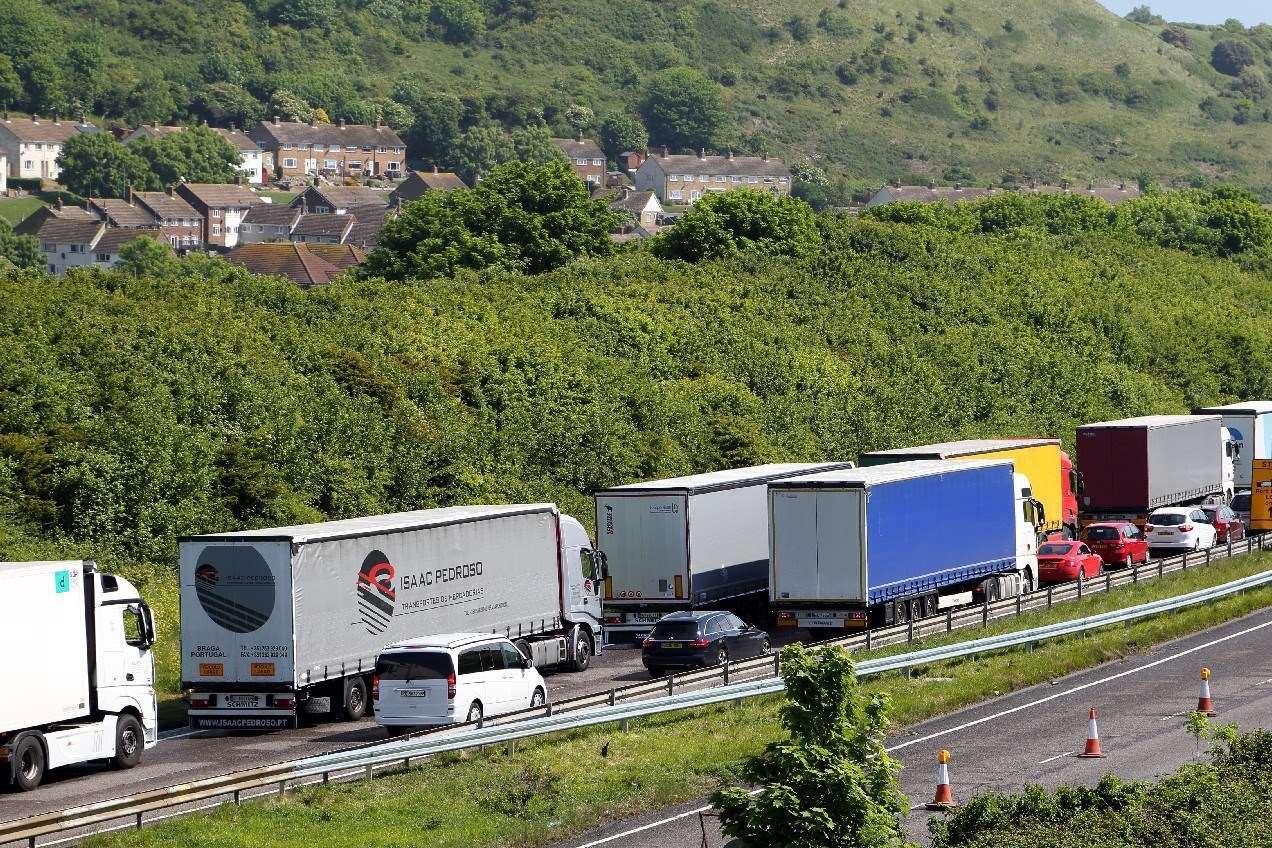 Lorries queuing up during Dover TAP next to the Aycliffe community. Picture courtesy of Roger Golding