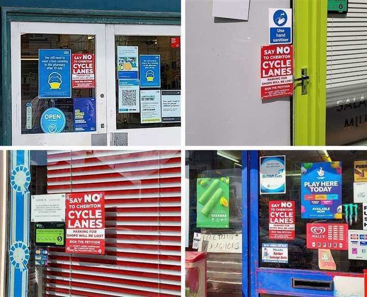 Posters opposing cycle lanes in Cheriton appeared in shop windows in 2021