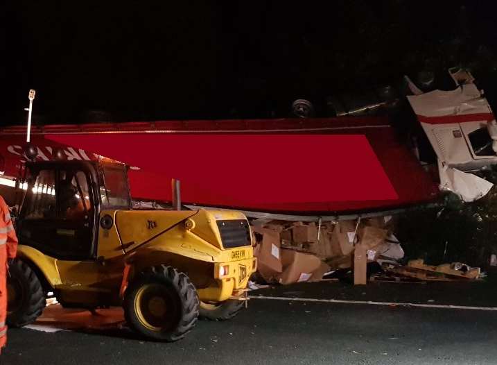 The lorry ended up on its roof. Picture: Highways England.