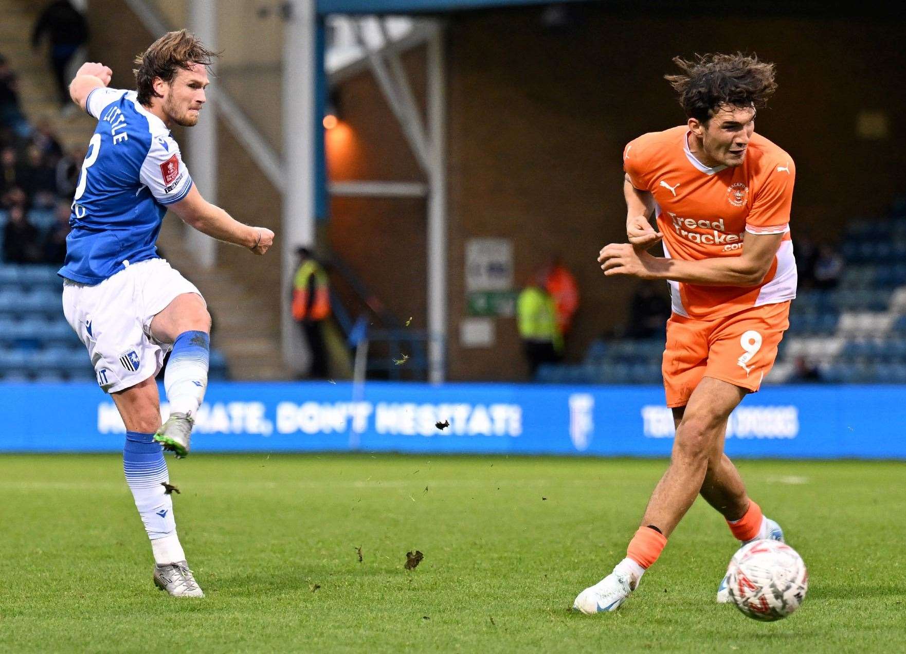 Armani Little shoots well wide fpr Gillingham against Blackpool. Picture: Keith Gillard