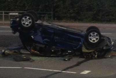 A car ended up on its roof after a crash on the Gillingham northern link road. Picture: @Sovereign_Qtr