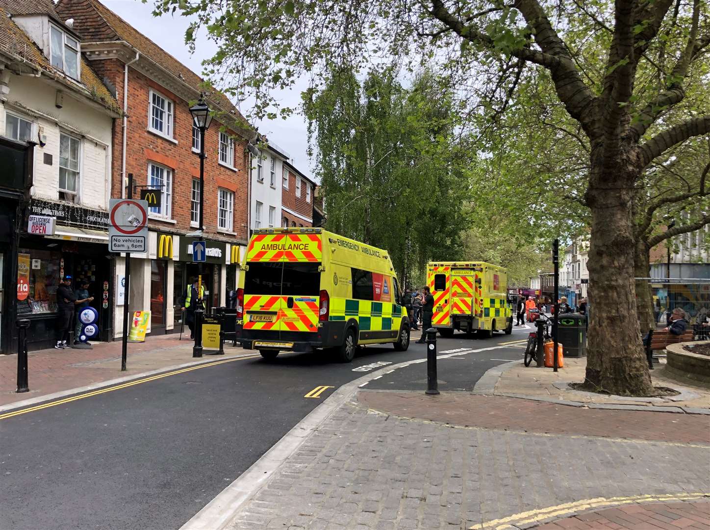Ambulance crews treated a person after they collapsed in Lower High Street, Ashford this afternoon, close to McDonald’s