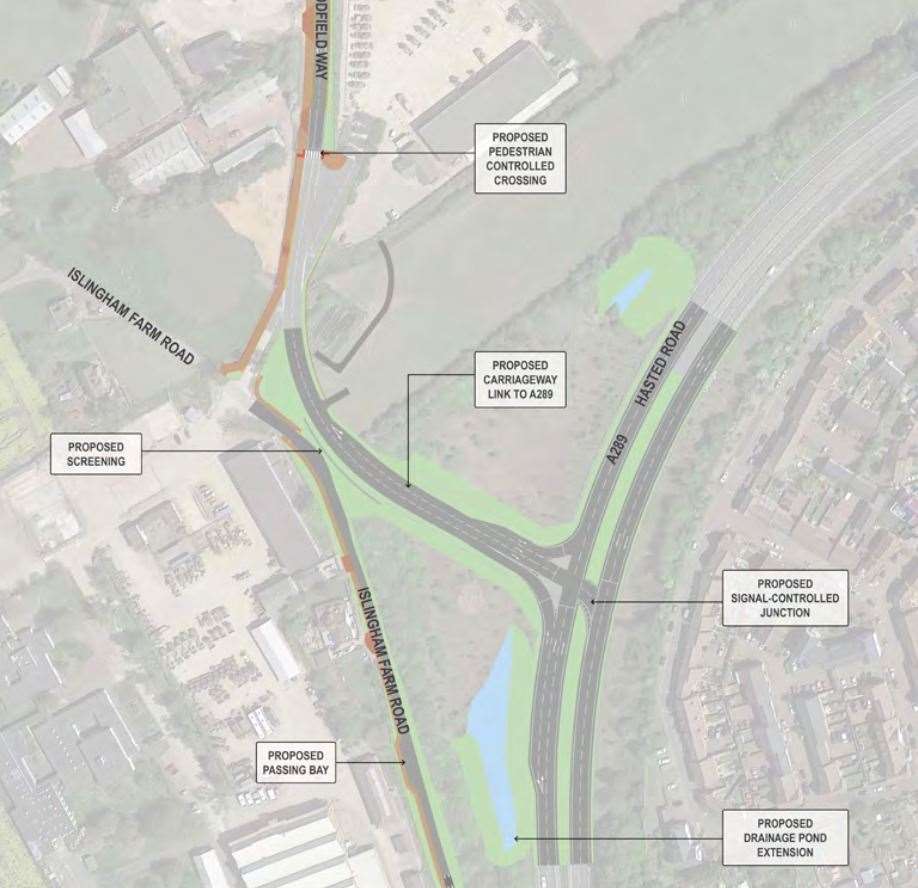 A new signal-controlled junction proposed for A289 Hasted Road connecting to Woodfield Way. Picture: Medway Council