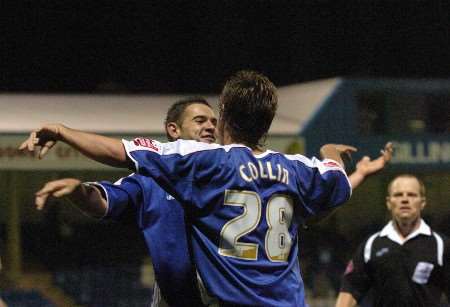 Frannie Collin celebrates his debut goal with Matt Jarvis. Picture: MATT READING