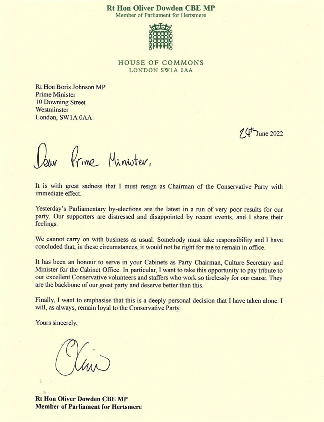 The letter sent by Oliver Dowden to Boris Johnson following his resignation as chairman of the Conservative Party (Oliver Dowden/PA)