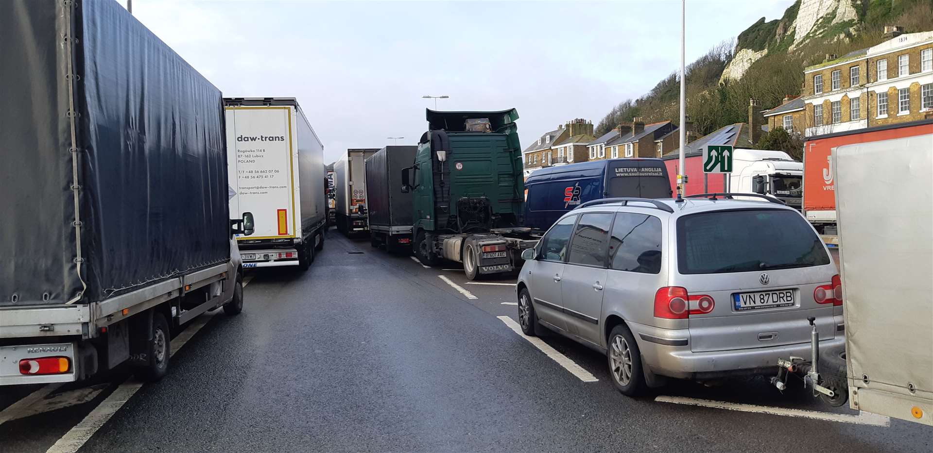 A wall of lorries at Townwall Street in Dover in the second day of border disruption