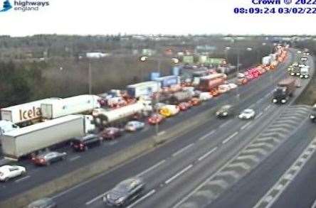 Delays at the Darenth Interchange this morning after a vehicle overturned on the M25 slip road. Picture: National Highways