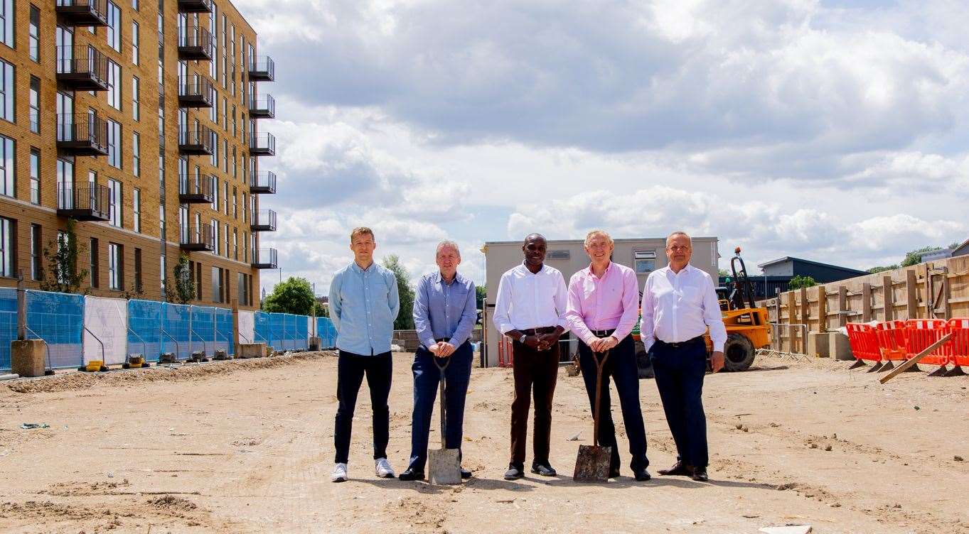 From left: Leigh Thomas, Paul Chappels, Zaid Abioye, James Whittaker and Nick Hey breaking the ground for Chatham Waters park