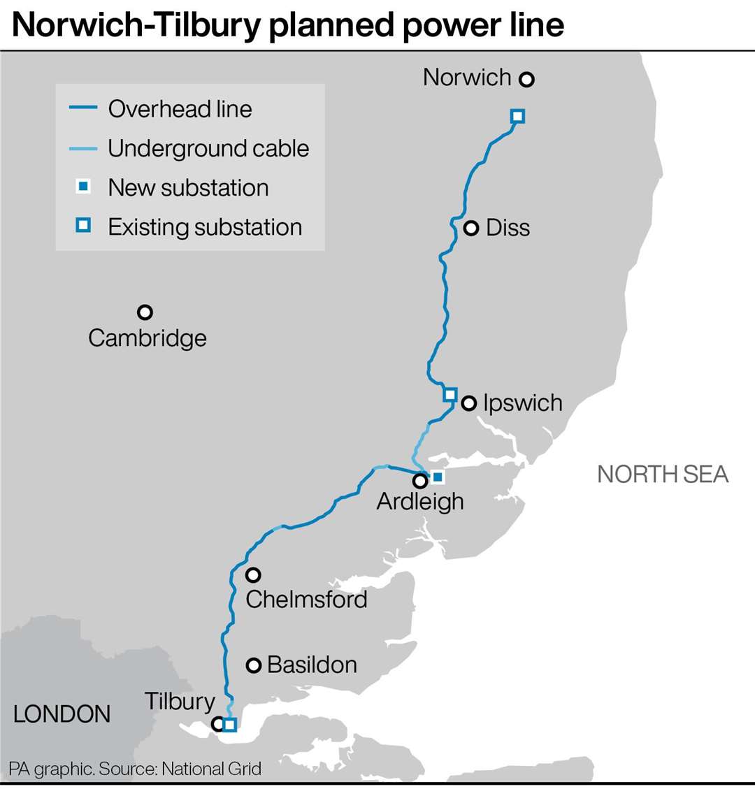 National Grid’s proposed pylon route through East Anglia (National Grid/PA)