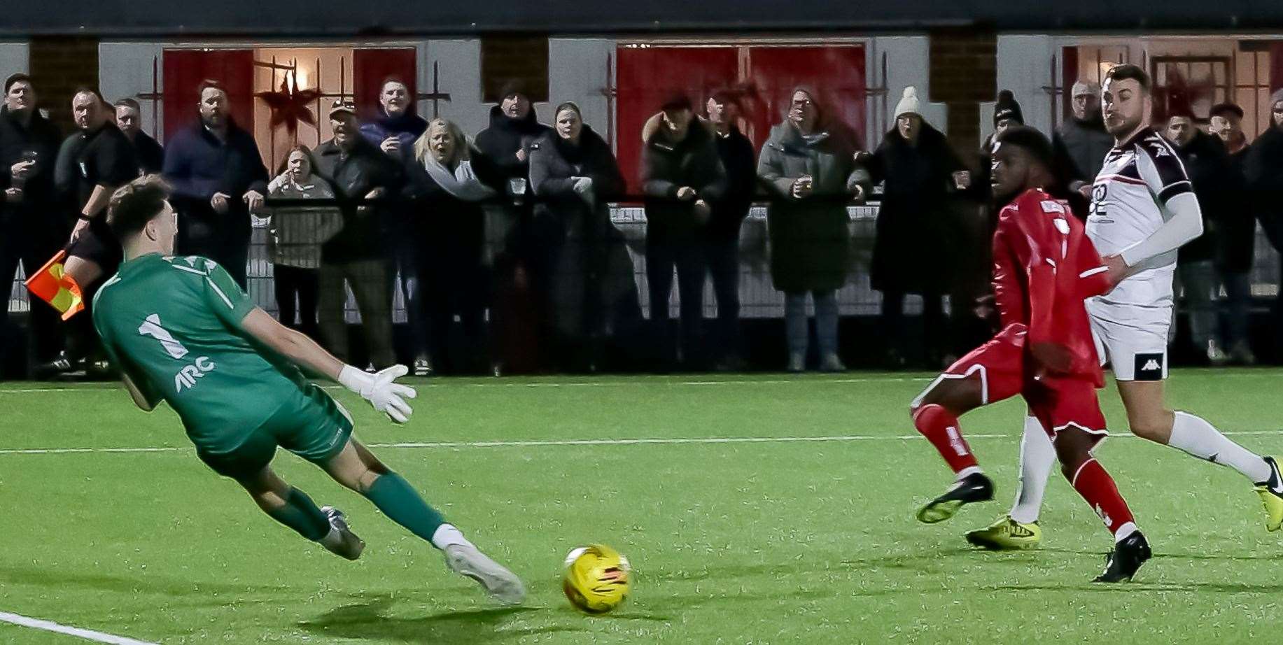 Tyler Anderson puts it past away goalkeeper Lewis Briggs only to see his shot in the last seconds hit the post. Picture: Les Biggs