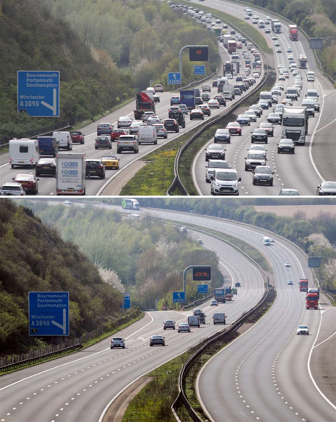 A composite photo of the M3 motorway near Winchester, Hampshire, on Thursday (bottom) and on the Thursday before Easter 2019 (top) (Andrew Matthews/Steve Parsons/PA)