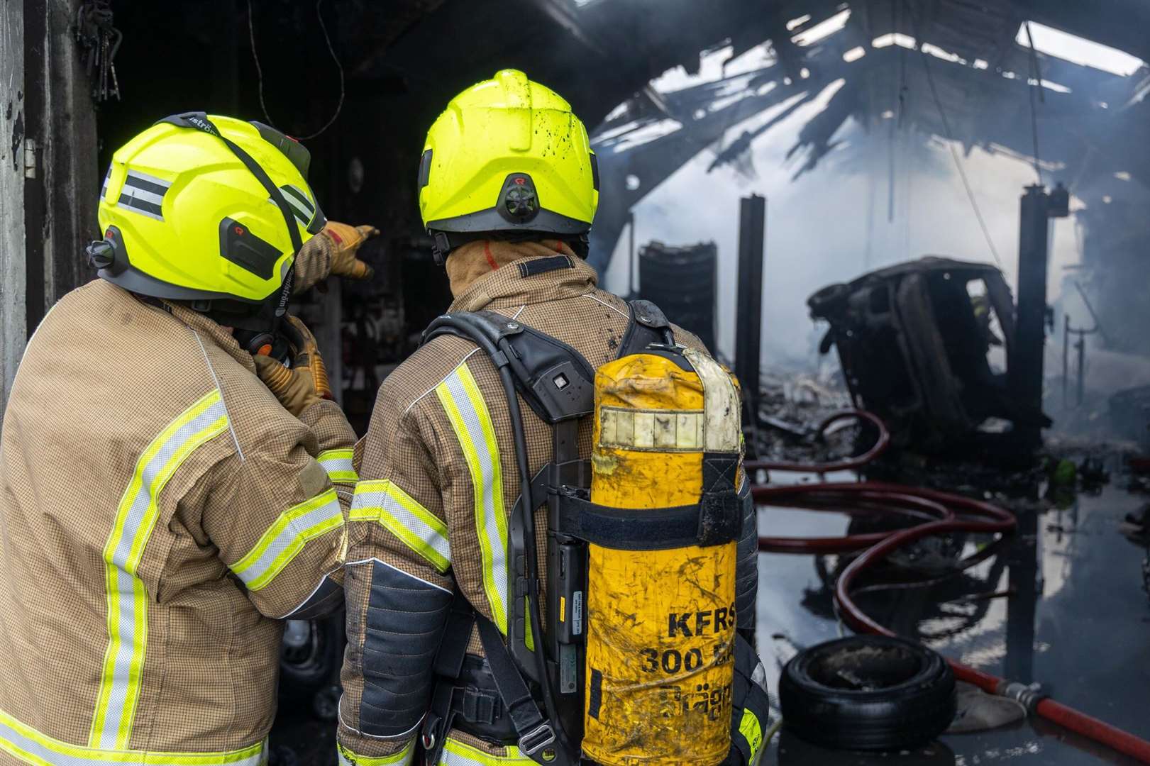 Four fire crews were on site at the garage blaze in Market Way, Canterbury, yesterday afternoon. Picture: Kent Fire and Rescue Service