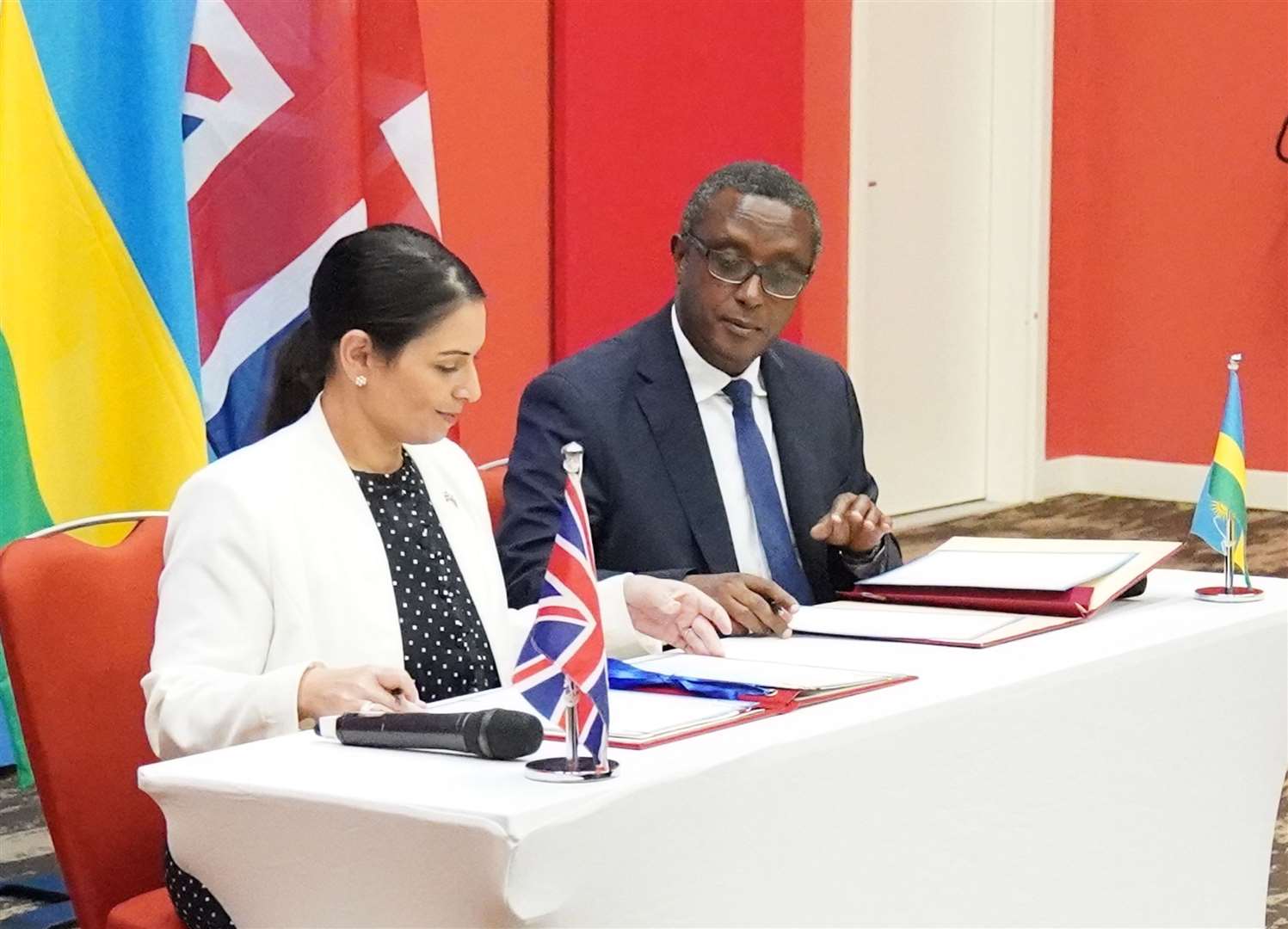 Priti Patel with Rwandan minister Vincent Biruta in April (Flora Thompson/PA)