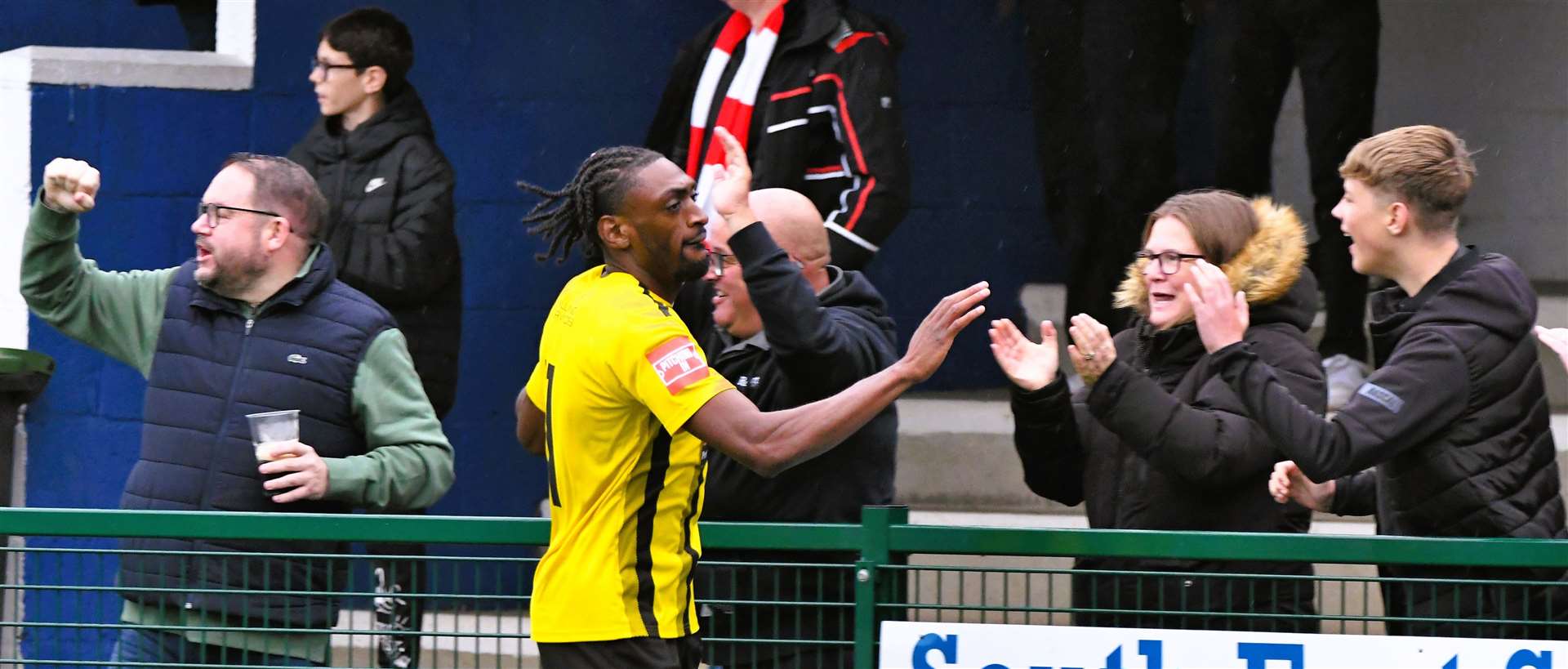 Winger Gil Carvalho's celebrates scoring his penalty on his Winch’s Field return. Picture: Marc Richards