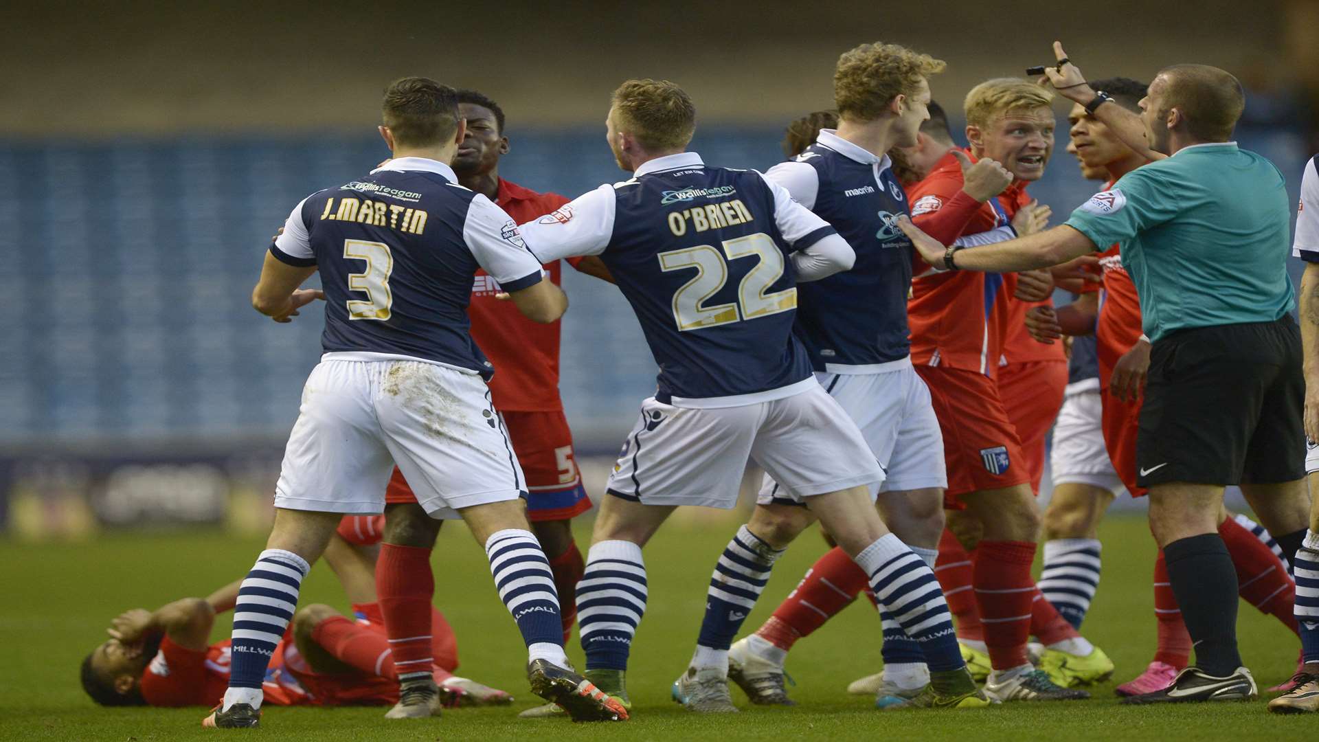 Dominic Samuel goes to ground after a confrontation at Millwall Picture: Barry Goodwin