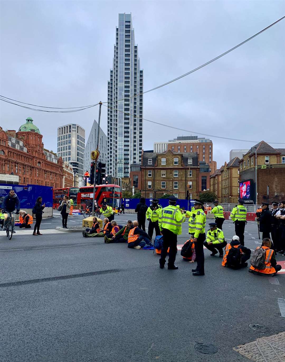 The protesters have blocked Old Street roundabout in central London (@EmbobEast/PA)