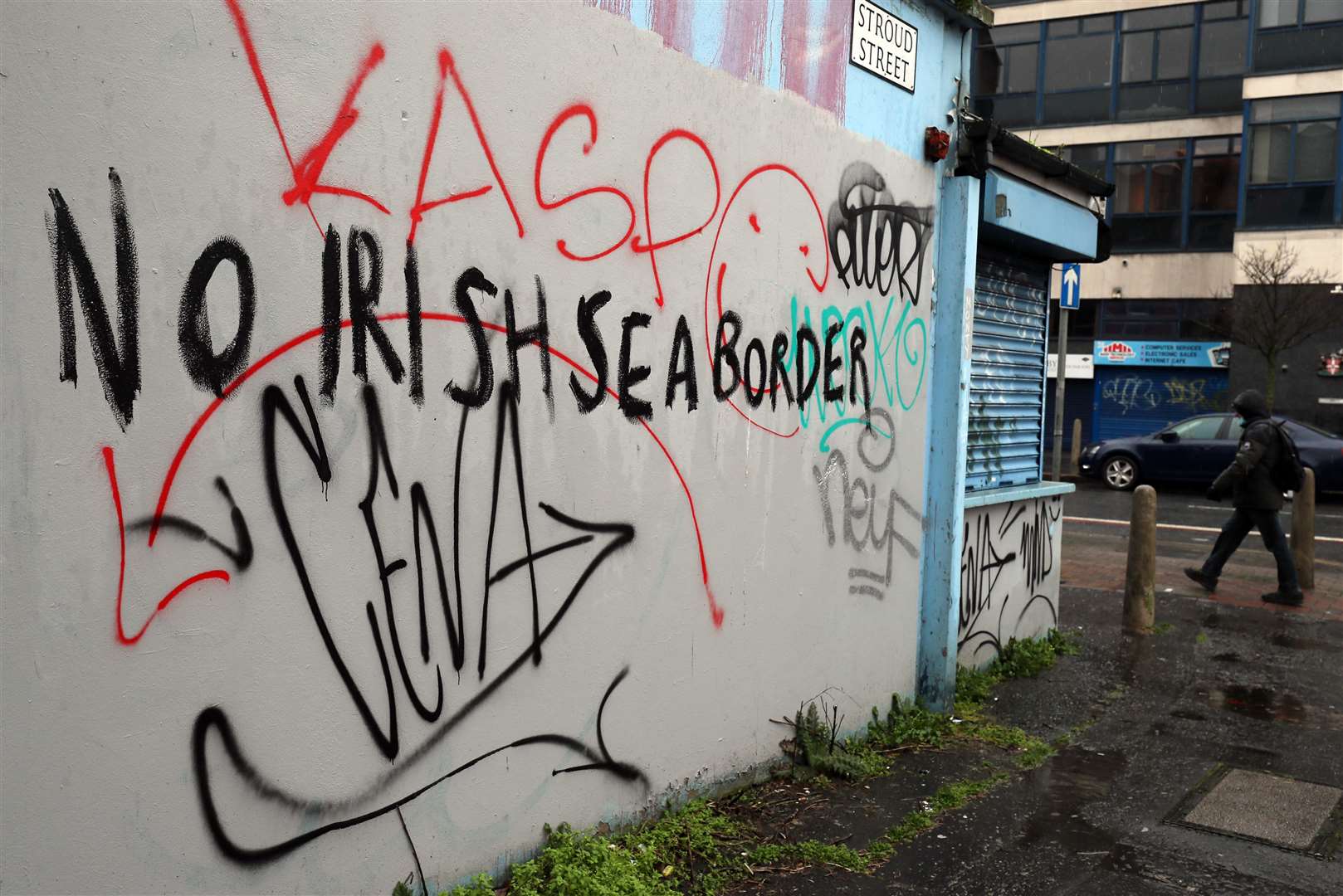 Graffiti reading ‘No Irish Sea border’ in Stroud Street in Belfast (Brian Lawless/PA)