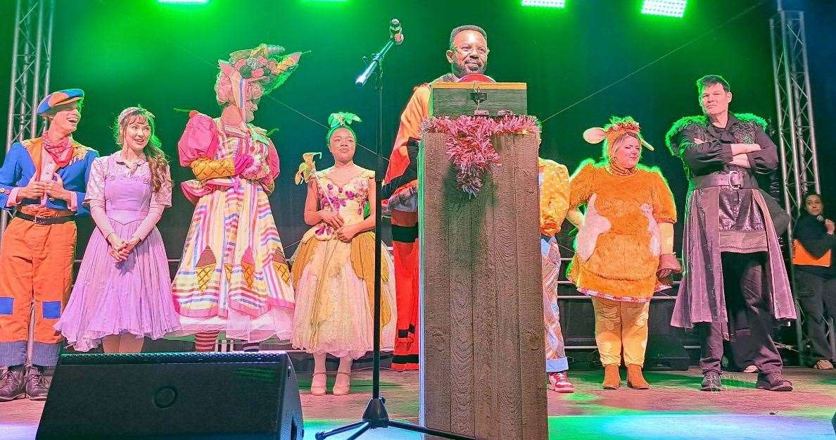 The cast of Gravesend's panto Jack and the Beanstalk, including The Chase star Mark Labbett, on stage at the Christmas lights switch-on. Picture: Nikki White