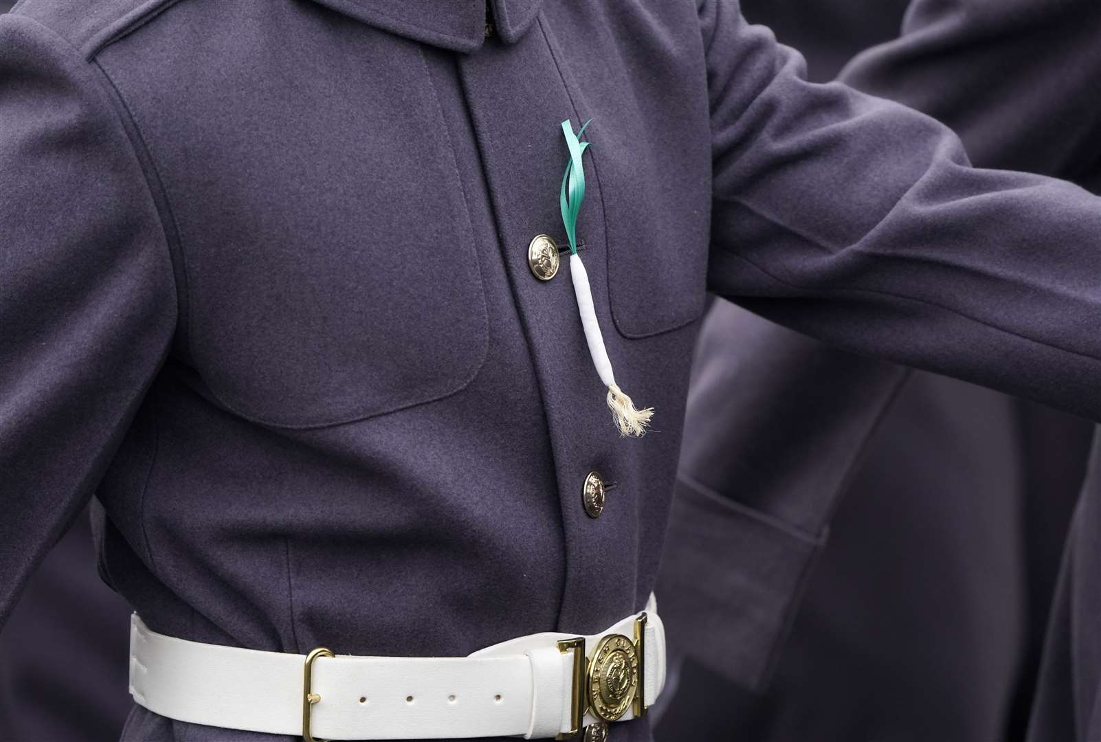 A member of the Welsh Guards wears a leek on their tunic (Andrew Matthews/PA)