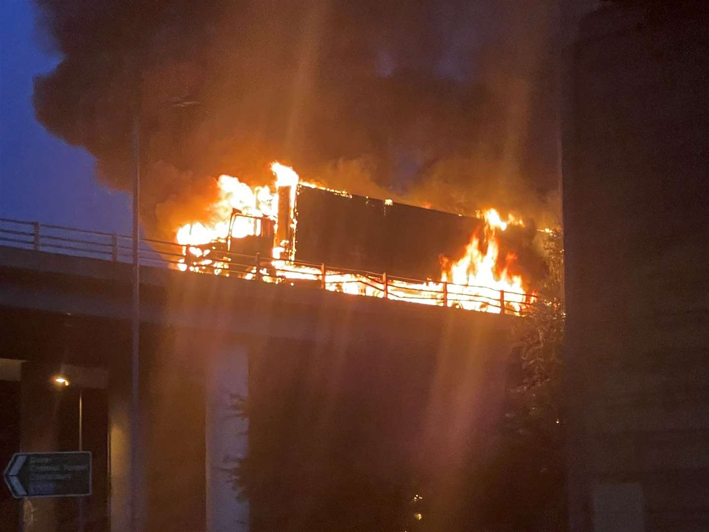 An HGV has gone up in flames on the London-bound carriageway of the M2 near Rochester. Picture: KOSTAMIZE