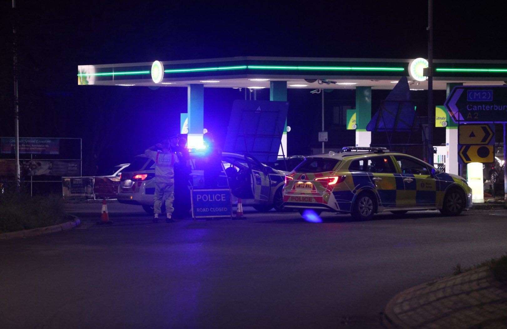 Police have closed the A2 between Whitfield and Lydden after a serious crash between a motorcycle and car. Picture: UKNIP