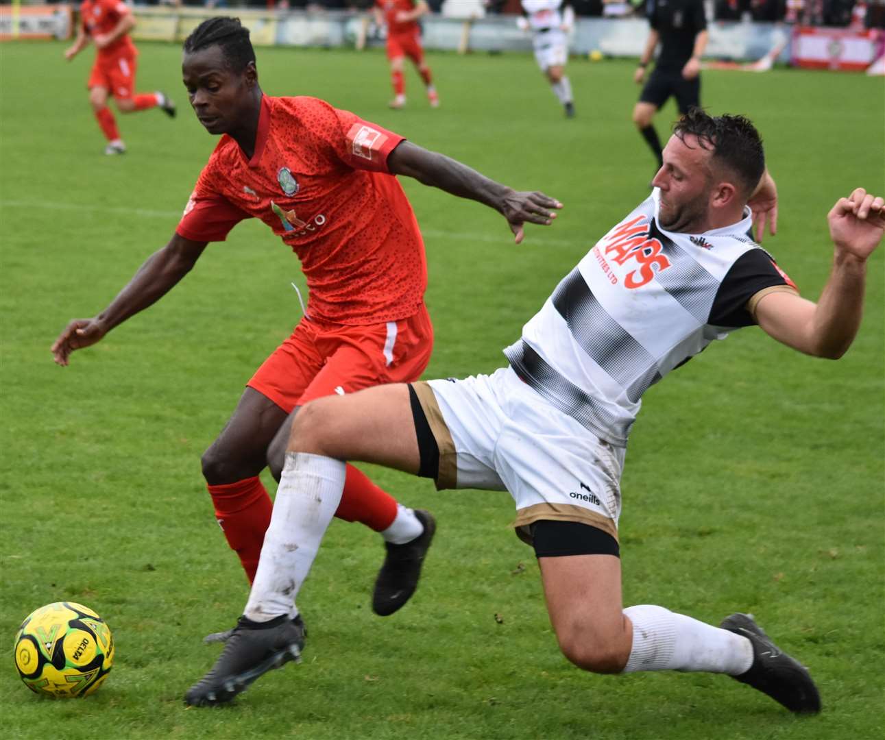 Defender Josh Vincent nicks the ball for Deal at Beckenham. Picture: Alan Coomes