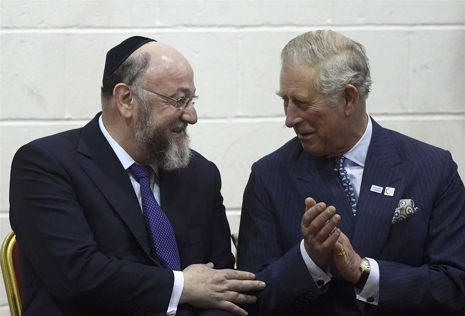 Charles with the Chief Rabbi Sir Ephraim Mirvis during a visit to Yavneh College, an Orthodox Jewish school in Hertfordshire. Toby Melville/PA