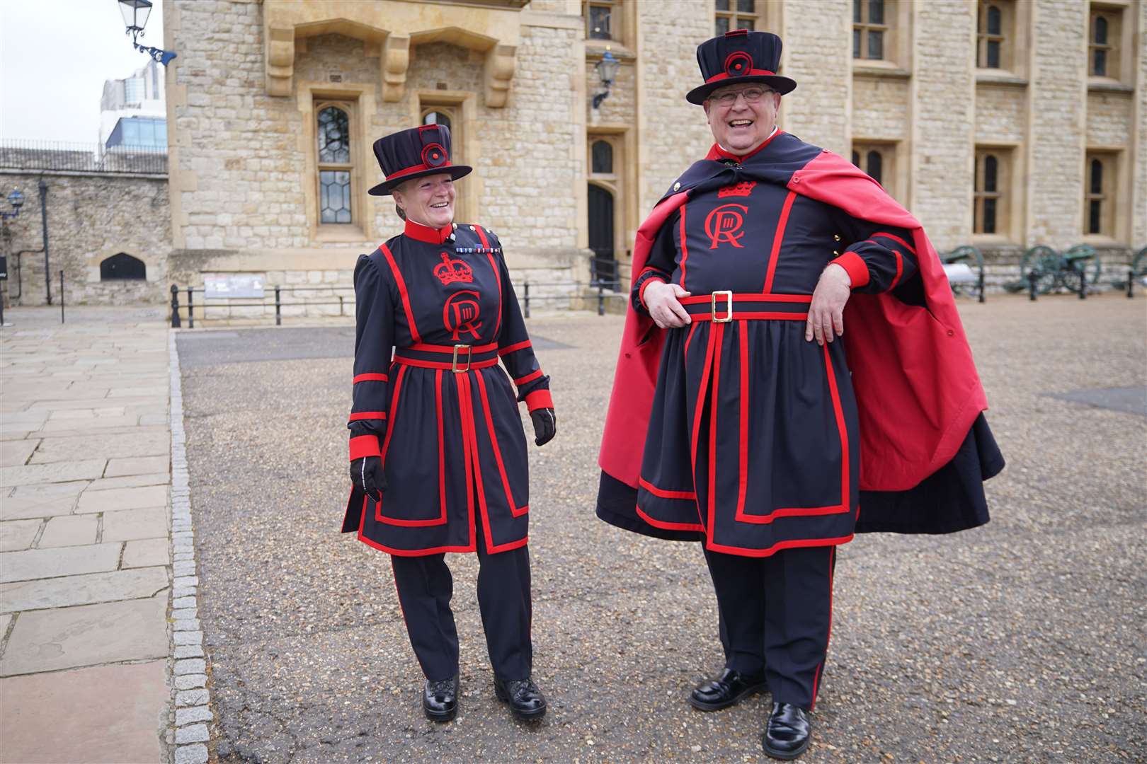 Yeoman Warders, also known as Beefeaters, in their new uniform ahead of King Charles III’s coronation, at the Tower of London (Yui Mok/PA)