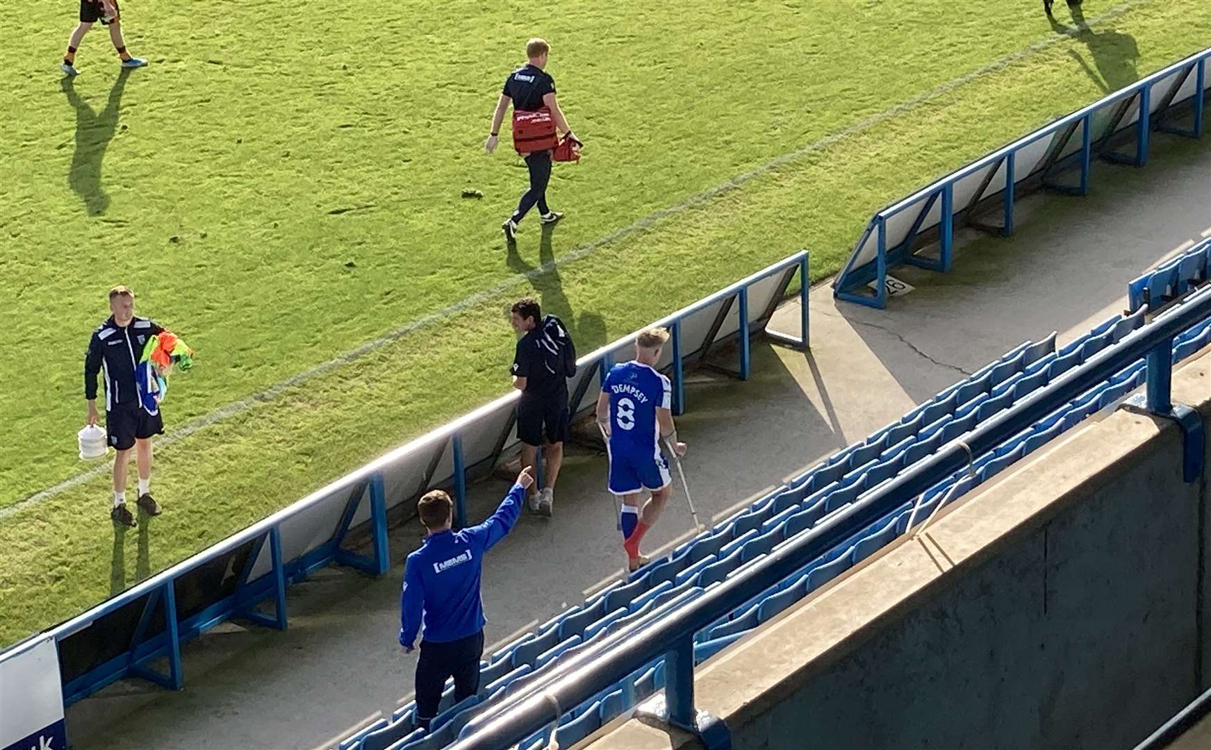 Kyle Dempsey heads off on crutches at the end of Saturday's game (42220462)